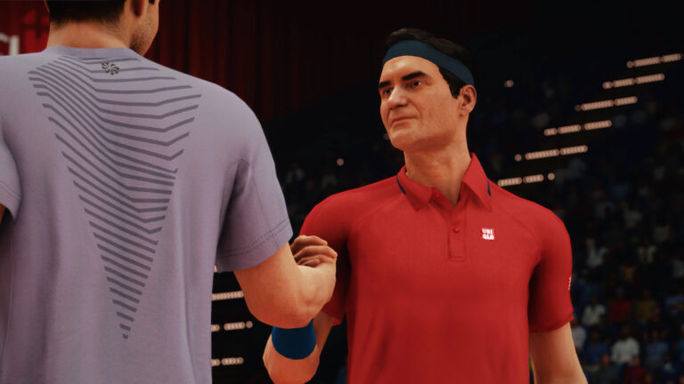 Roger Federer greeting another player in TopSpin 2K25