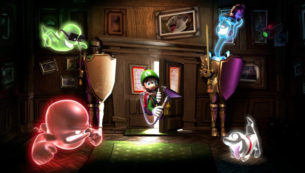 Luigi Surprised by the ghosts unleashed in the castle in Luigi's Mansion 2 HD