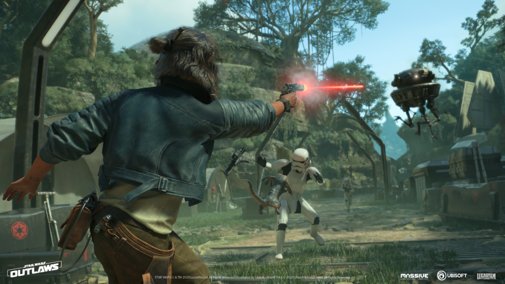 Kay Vass engaged in a shootout in Star Wars Outlaws