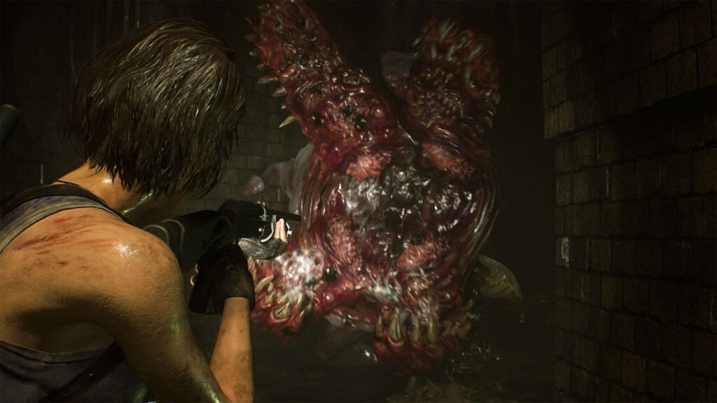 Resident Evil 3 in the sewers fighting monsters
